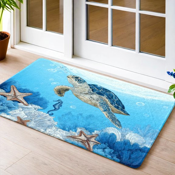 Marine Life Turtle Starfish Seahorse Flannel Floor Mat, Non-slip Rubber Back, Durable Machine Washable, for Living Room Bedroom Bathroom Kitchen Office Porch