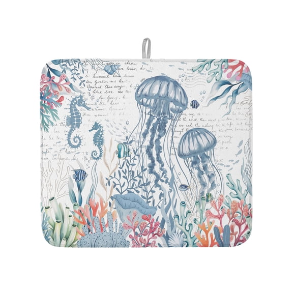 Marine Life Walrus Seahorse Dish Drying Mats for Kitchen Counter,Absorbent Microfiber Dish Drainer Rack Mat Watercolor Corals Drying Pad for Sinks,Utensils,Countertops,16x18in