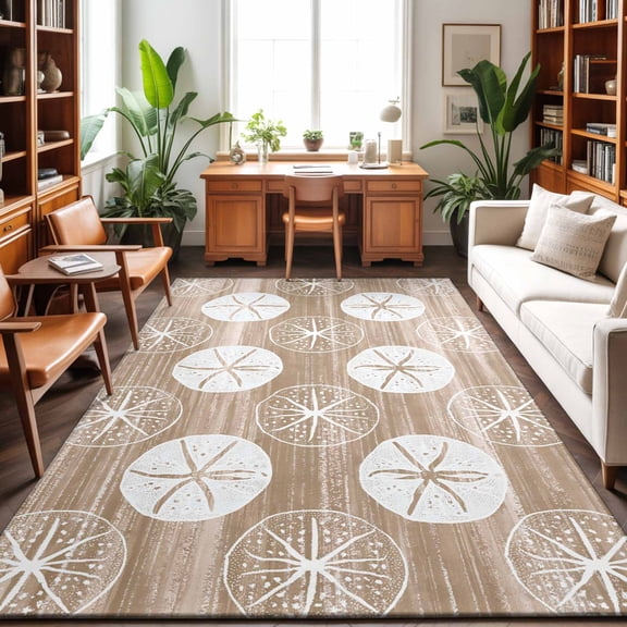 Marine Life Washable Area Rug 9 x 12 ft Summer Beach Sea Biscuit Khaki Sand Dollar, Soft Non Slip Rugs Stain Repellent Indoor Felt Carpet for Living Dining Room Bedroom Home Office