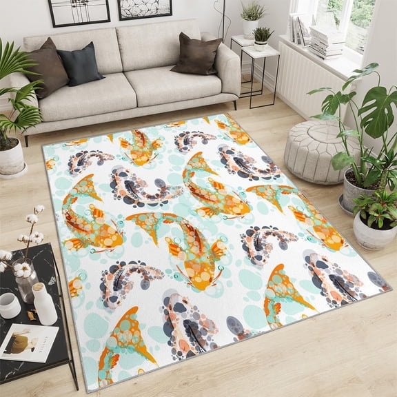 Marine Life Washable Area Rug Soft Rugs For Living Room Rug Shabby Chic Koi Area Rugs For Bedroom Dining Room Non-Slip Stain Resistant Under Table Floor Mat 4x5ft