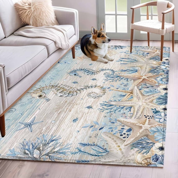 Marine Life Washable Area Rugs 3'x5', Ocean Seahorse Coral Starfish Seashell Coastal Wooden Low Pile Throw Living Room Rug Non-Slip Sturdy Edge Binding Carpet for Indoor Entryway Bedside Kitchen