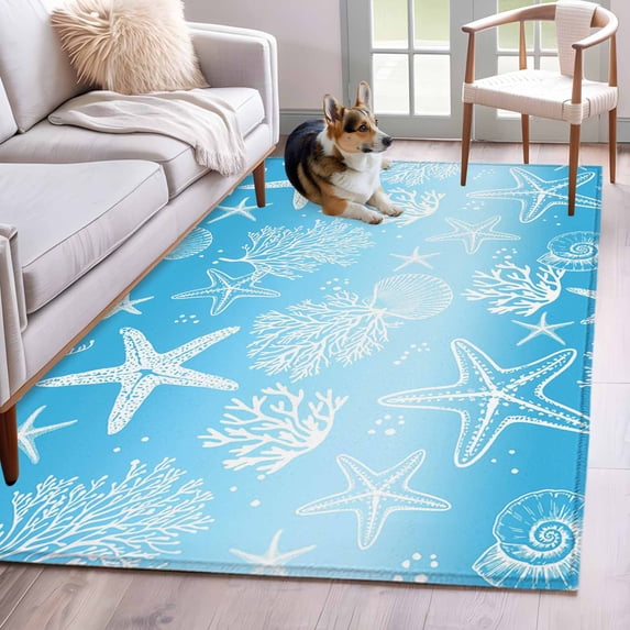Marine Life Washable Area Rugs 4'x6', Starfish Shell Coral Gradient Blue Ocean Low Pile Throw Living Room Rug Non-Slip Sturdy Edge Binding Carpet for Indoor Entryway Bedside Kitchen