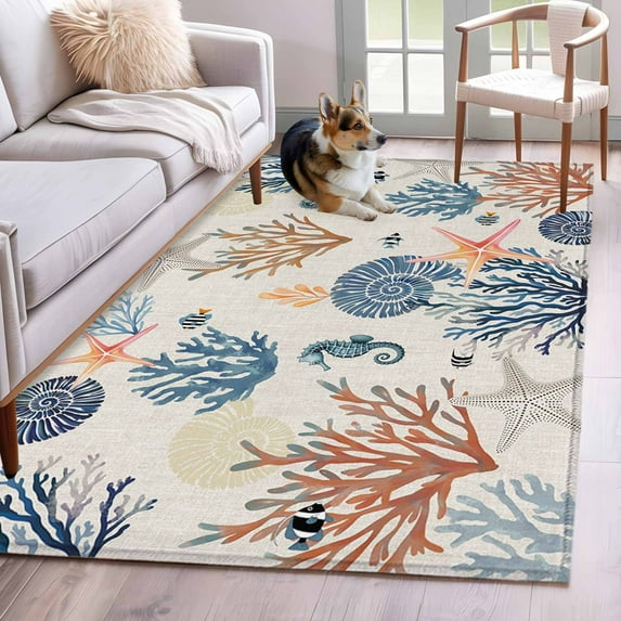 Marine Life Washable Area Rugs 4'x6', Watercolor Seahorse Coral Starfish Linen Texture Low Pile Throw Living Room Rug Non-Slip Sturdy Edge Binding Carpet for Indoor Entryway Bedside Kitchen