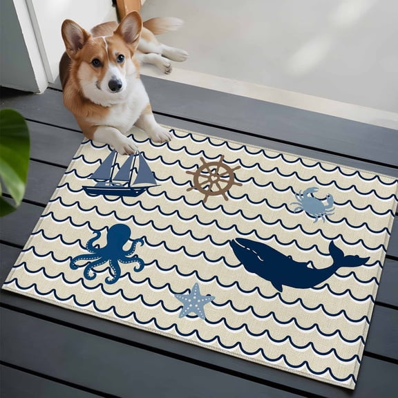Marine Life Washable Entry Rug 2x3 Ocean Nautical Beach Octopus Crab Sailboat Beige Low Pile Indoor Door Mat with Rubber Backing Thin Area Rug for for Entrance, Bedroom, Kitchen, Laundry, Bathroom