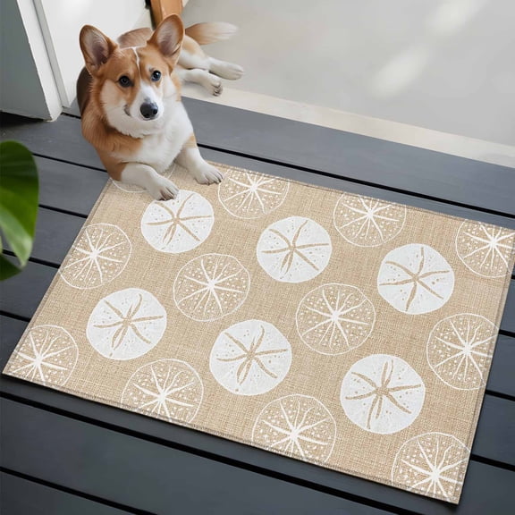 Marine Life Washable Entry Rug 2x3 Summer Beach Sea Biscuit Sand Dollar Linen Texture Low Pile Indoor Door Mat with Rubber Backing Thin Area Rug for for Entrance, Bedroom, Kitchen, Laundry, Bathroom