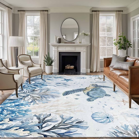 Marine Life Washable Living Room Rugs 6'x9', Ocean Turtle Coral Starfish Seashell Coastal Undersea World Low Pile Throw Large Area Rug Non-Slip Sturdy Edge Binding Carpet for Dining Room Kitchen
