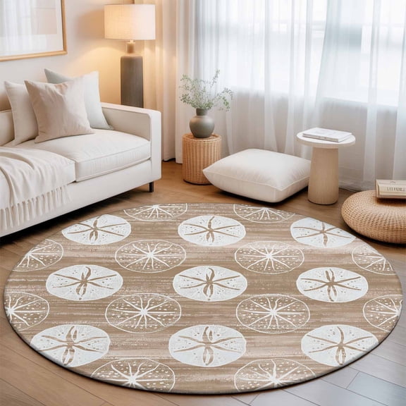 Marine Life Washable Round Area Rug 3 ft, Summer Beach Sea Biscuit Khaki Sand Dollar, Soft Non Slip Rugs Stain Repellent Indoor Felt Carpet for Living Dining Room Bedroom Home Office
