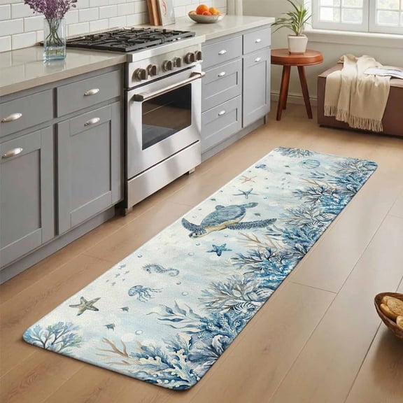 Marine Life Washable Runner Rug 1.4x4 ft Blue Ocean Turtle Coral Starfish Seashell Coastal Non-Slip Hallway Runner Rug, Linen Kitchen Runner Mats, Indoor Floor Carpet for Entryway Bathroom Bedroom
