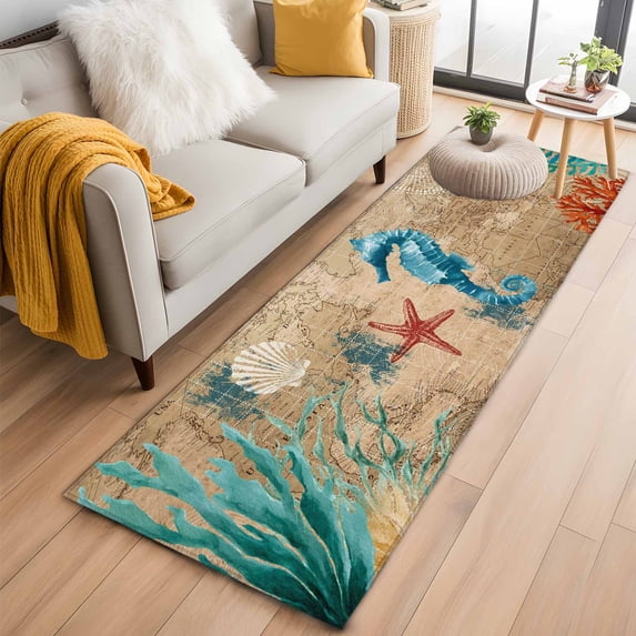 Marine Life Washable Runner Rugs 2'x6', Hippocampus Starfish Shell Coral Seaweed Blue Ocean Retro Low Pile Throw Entryway Rug Non-Slip Sturdy Edge Binding Carpet for Indoor Bedside Entrance Bedside