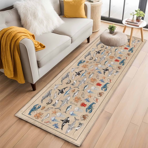 Marine Life Washable Runner Rugs 2'x6', Retro Shark Whale Lobster Jellyfish Linen Texture Low Pile Throw Entryway Rug Non-Slip Sturdy Edge Binding Carpet for Indoor Bedside Entrance Bedside