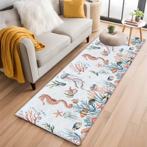 Marine Life Washable Runner Rugs 2'x6', Seahorse Coral Jellyfish Fish Summer Cartoon Oceans Low Pile Throw Entryway Rug Non-Slip Sturdy Edge Binding Carpet for Indoor Bedside Entrance Bedside