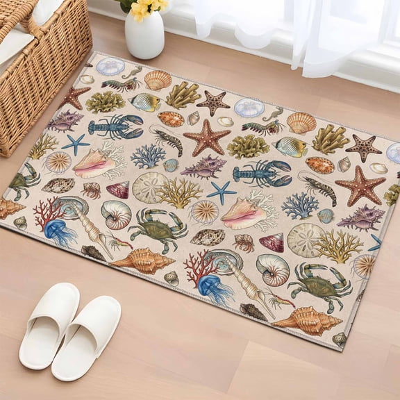 Marine Life Washable Small Entryway Area Rugs 2'x3', Retro Sea Star Coral Shell Crab Linen Texture Low Pile Throw Rug Non-Slip Sturdy Edge Binding Carpet for Front Door Floor Room Entry