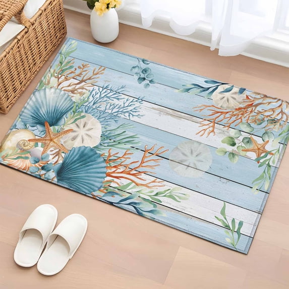 Marine Life Washable Small Entryway Area Rugs 2'x3', Shell Coral Eucalyptus Leaves Blue Wood Grain Low Pile Throw Rug Non-Slip Sturdy Edge Binding Carpet for Front Door Floor Room Entry