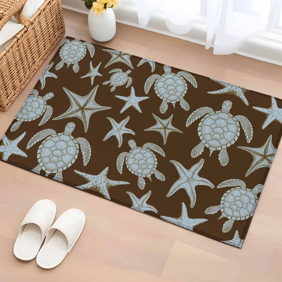 Marine Life Washable Small Entryway Area Rugs 2'x3', Vintage Blue Sea Turtles Starfish Black Background Low Pile Throw Rug Non-Slip Sturdy Edge Binding Carpet for Front Door Floor Room Entry