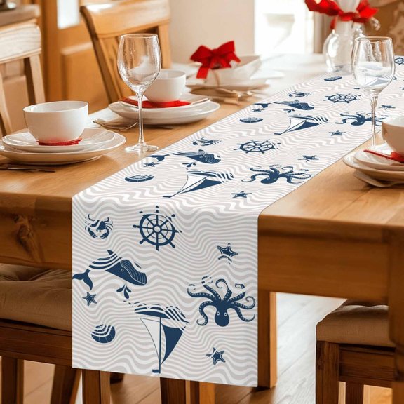 Marine Life Whales Octopus Table Runner 36 Inches Long,Kitchen Dining Tablerunners Abstract Geometric Stripes Linen Table Runners Dresser Scarves for Home Dinner Wedding Holiday Party Decor