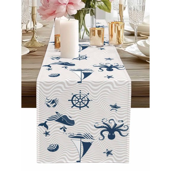 Marine Life Whales Octopus Table Runner-60 Inch Long Abstract Geometric Stripes Table Runners Linen Burlap Tablerunner for Kitchen Dining Room Holiday Party