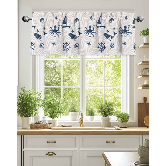 Marine Life Whales Octopus Valances for Windows,Kitchen Valance Rod Pocket Short Curtain,Abstract Geometric Stripes Valance Curtain Window Valances for Bedroom Living Room 54x18in