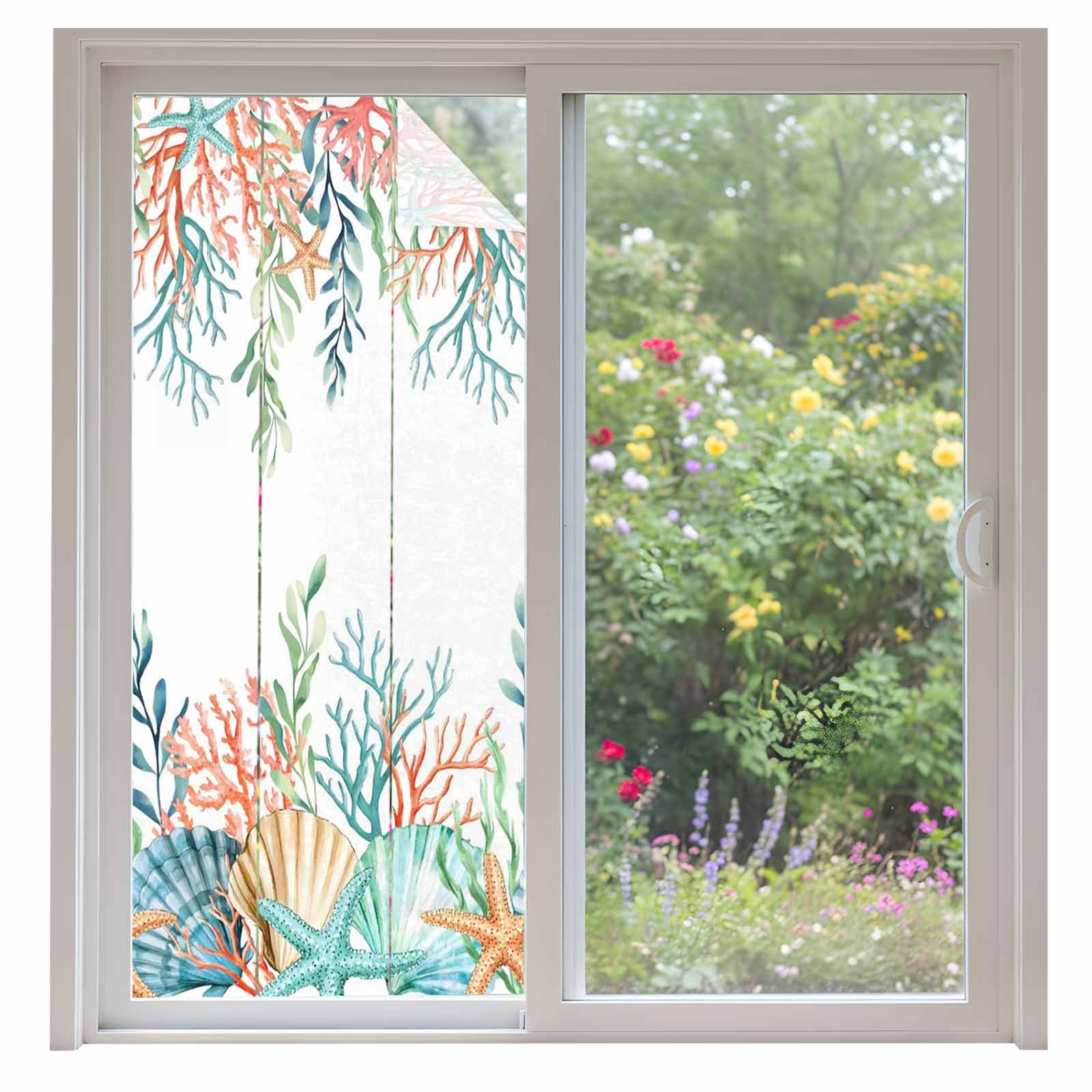 Marine Life Window Privacy Film,Nautical Underwater Coral Shell Starfish Watercolor Static Cling UV Sun Blocking Window Tint Day and Night,Non-Adhesive One Way Privacy Cover 35.4''x78.7''