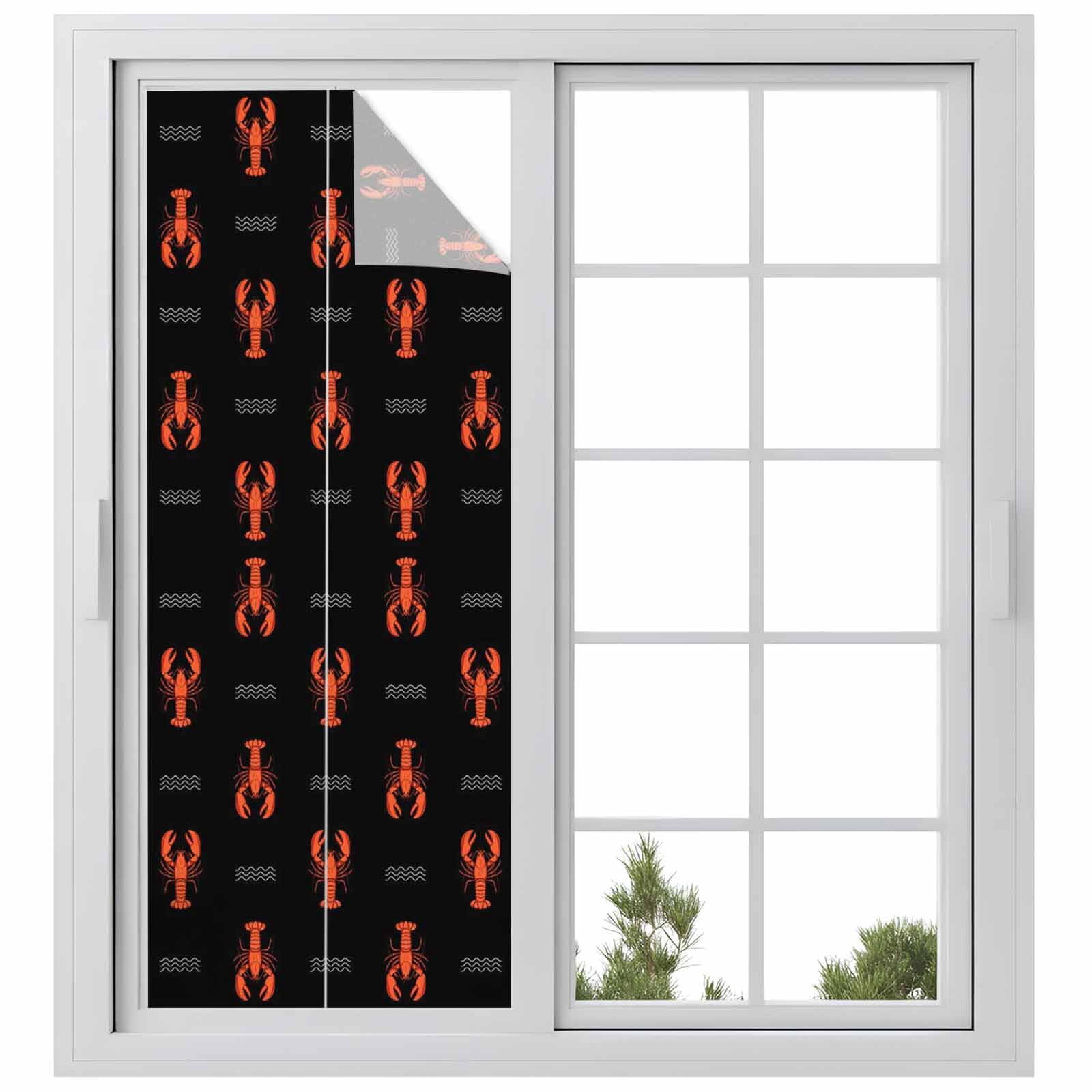 Marine Life Window Privacy Film, Red Lobster Ocean Wave Abstract Summer Black Frosted Glass Window Clings Static Cling UV Heat Blocking Reusable Door Sticker for Bathroom 23.6 x 59 Inch