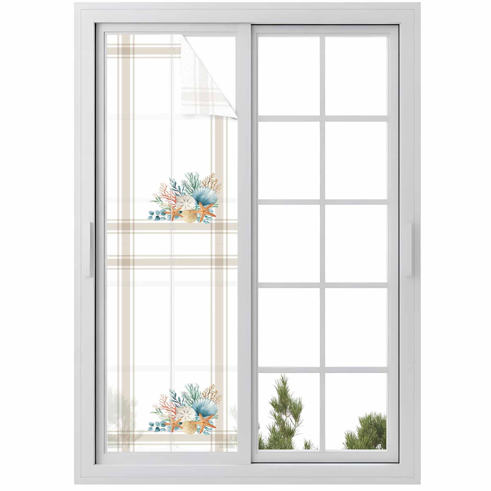 Marine Life Window Privacy Film, Starfish Shell Coral Brown Striped Eucalyptus Leaves Frosted Glass Window Clings Static Cling UV Heat Blocking Reusable Door Sticker for Bathroom 29.5 x 118 Inch