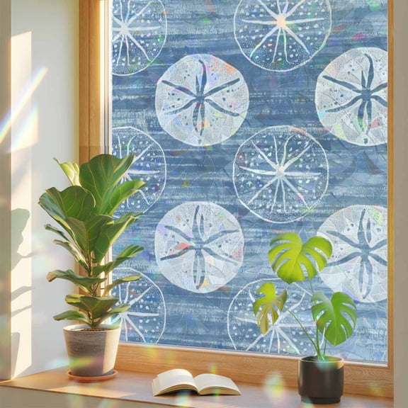 Marine Life Window Privacy Film, Summer Beach Sea Biscuit Light Blue Sand Dollar Stained Glass Rainbow Film Decorative Window Clings, Static Cling Sun Blocking Stickers 17.7" x 39.3"