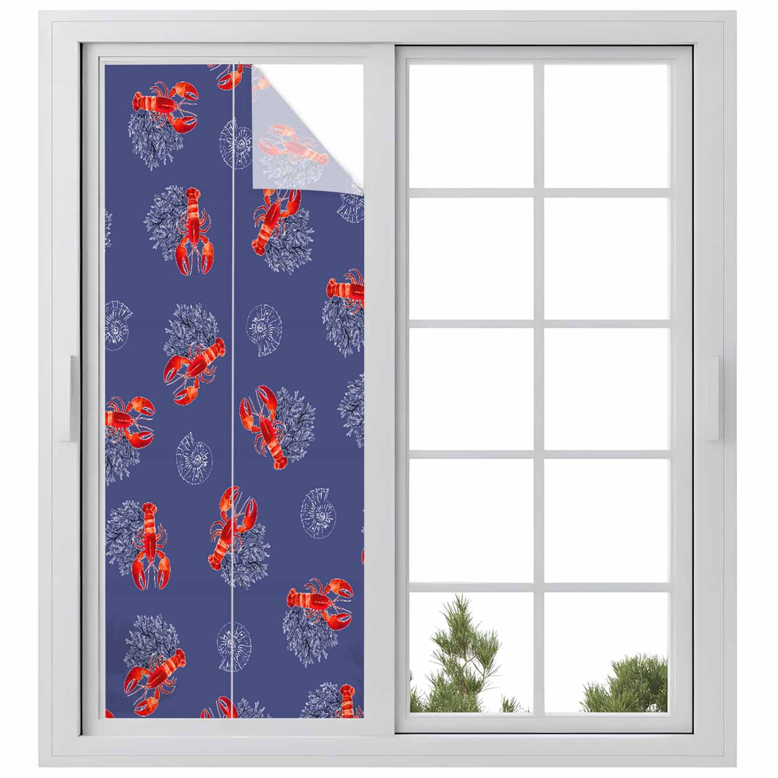 Marine Life Window Privacy Film, Vintage Red Lobster Shell Coral Frosted Glass Window Clings Static Cling UV Heat Blocking Reusable Door Sticker for Bathroom 23.6 x 59 Inch