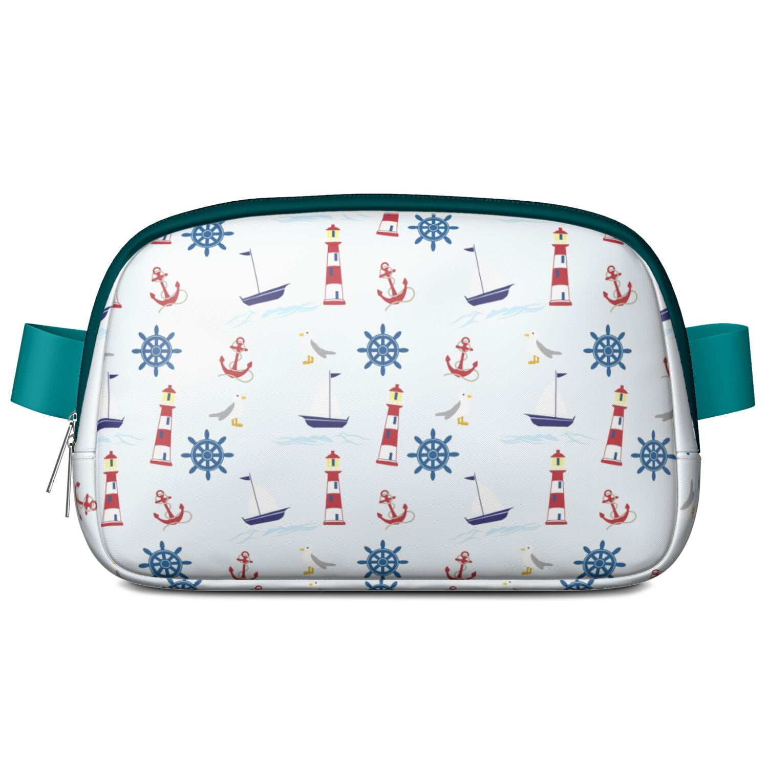 Marine Map Waist Bag – Nautical Travel Fanny Pack with Lighthouse, Anchor, Beacon & Coral Print, Great for Sailing & Coastal Getaways
