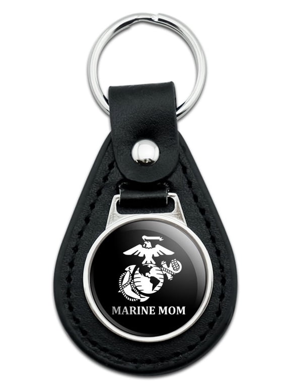 Marine Mom USMC White Logo on Black Officially Licensed Black Leather Keychain