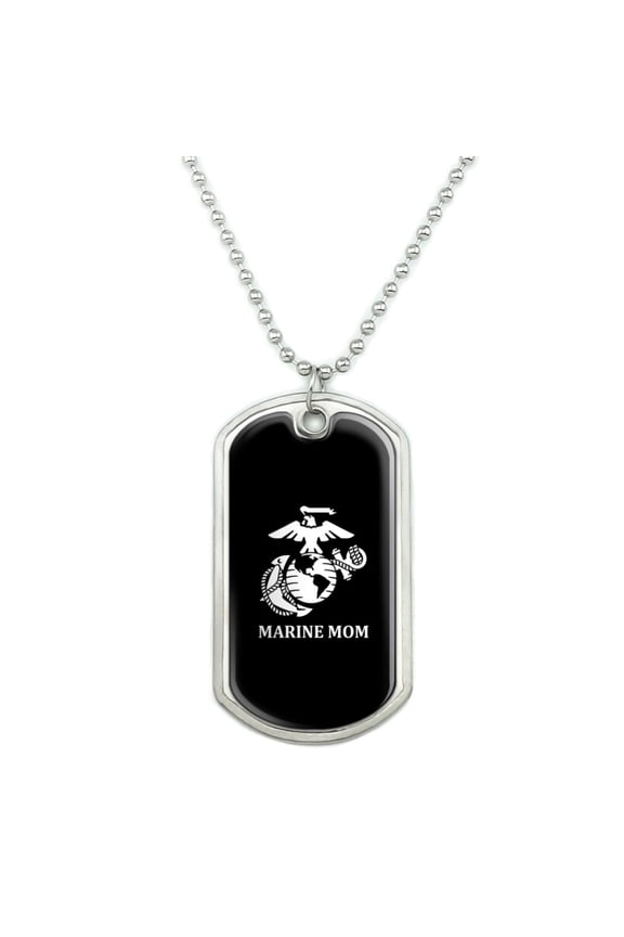 Marine Mom USMC White Logo on Black Officially Licensed Military Dog Tag Pendant Necklace with Chain