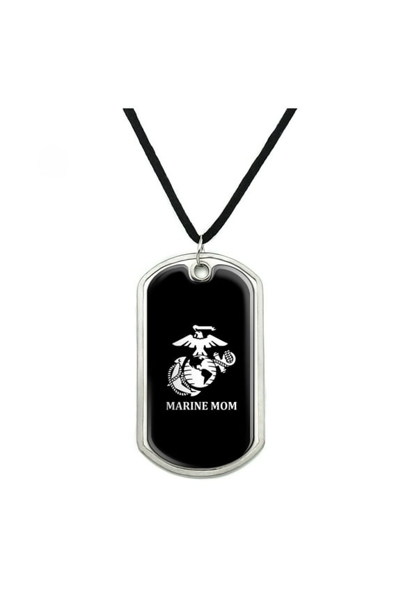 Marine Mom USMC White Logo on Black Officially Licensed Military Dog Tag Pendant Necklace with Cord