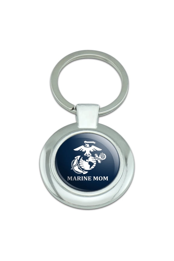 Marine Mom USMC White Logo on Blue Officially Licensed Classy Round Chrome Plated Metal Keychain