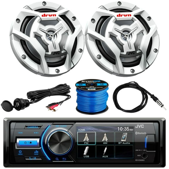 Marine/MotorSports Waterproof Digital Media USB AUX Bluetooth Stereo Receiver, 2 x 6.5" 2-Way 300W Coaxial White Speakers, Radio Antenna, Auxiliary Interface Mount, Speaker Wire