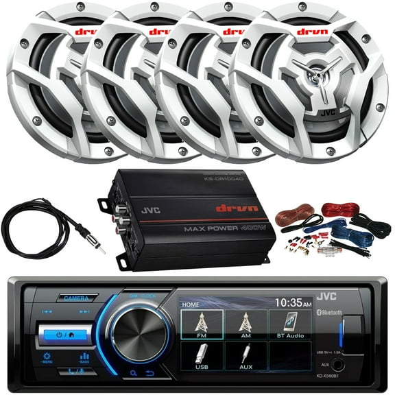 Marine/MotorSports Waterproof Digital Media USB AUX Bluetooth Stereo Receiver, 4 x 6.5" 2-Way 300W Coaxial White Speakers, 4-Channel Compact Amplifier, Amp Wiring Kit, Antenna