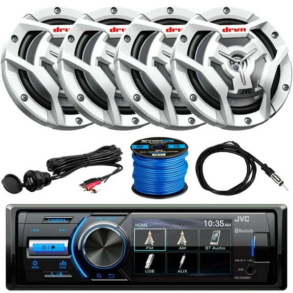 Marine/MotorSports Waterproof Digital Media USB AUX Bluetooth Stereo Receiver, 4 x 6.5" 2-Way 300W Coaxial White Speakers, Radio Antenna, Auxiliary Interface Mount, Speaker Wire