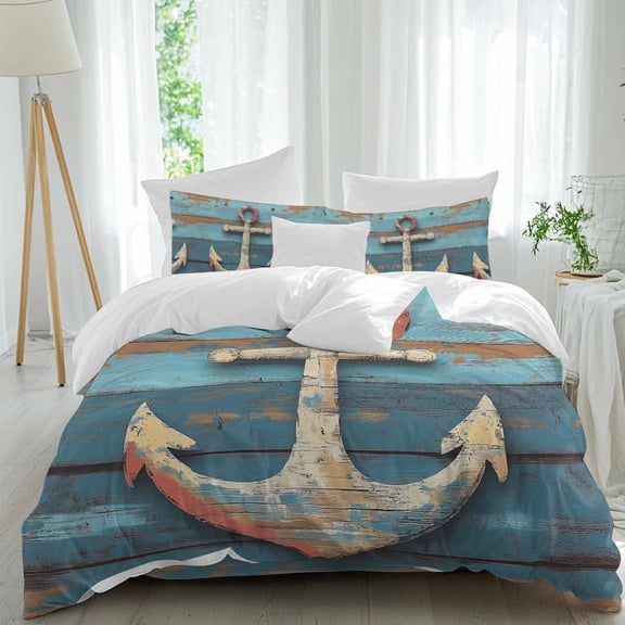 Marine Nautical Queen Size Comforter Set, Vintage Anchor Blue Wooden Board Bedding for All Seasons, 4 Pcs Bed Set, 1Quiltcover (90"x92") ,1Sheet(94"x116"), 2Pillowcases (30"x20")
