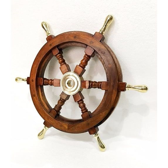 "Marine Nautical Store Solid Brass Handle 18"" Wooden Helm Ship Wheel Boat Steering Antique Wall Decor"