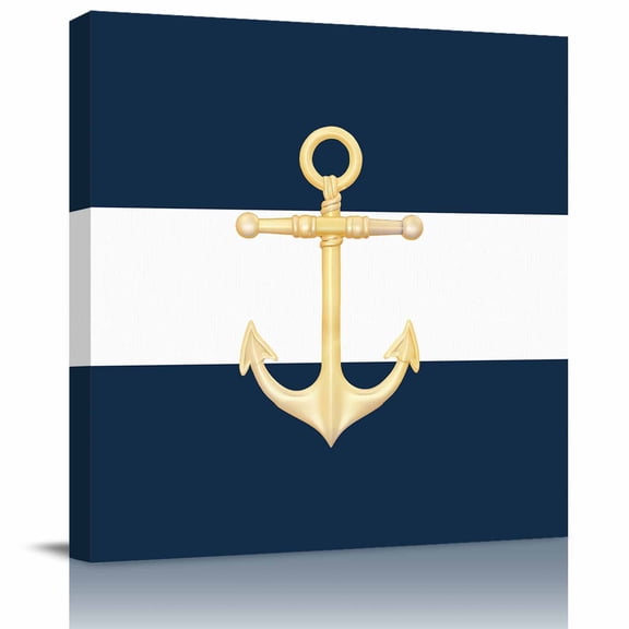 Marine Navy Blue White Color Block Canvas Artwork Painting Art, Nautical Gold Anchor Square Framed Wall Decorations Prints Picture for Bedroom Kitchen Living Room, 8x8 in