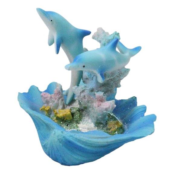 Marine Ocean 2 Blue Dolphins Swimming By Coral Reef and Clam Seashell Figurine