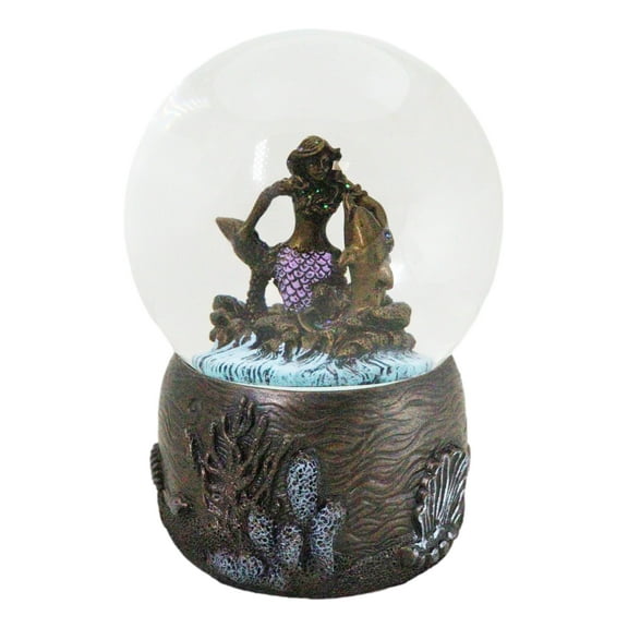 Marine Ocean Atlantis Goddess Mermaid Playing With Dolphin Water Globe Figurine