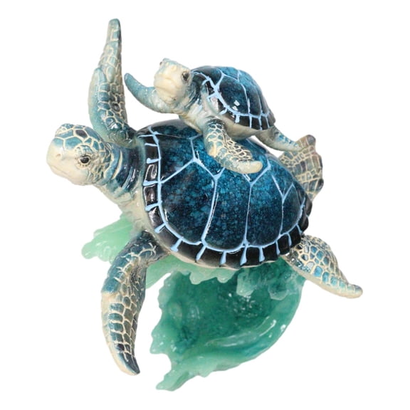 Marine Ocean Blue Sea Turtles Mother and Hatchling Swimming With Waves Figurine