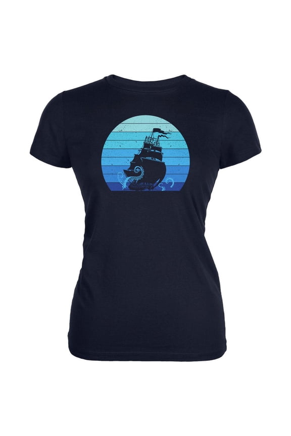 Marine Ocean Sail Boat Octopus Kraken Retro Sun Blue Juniors Soft T Shirt Navy 2XL