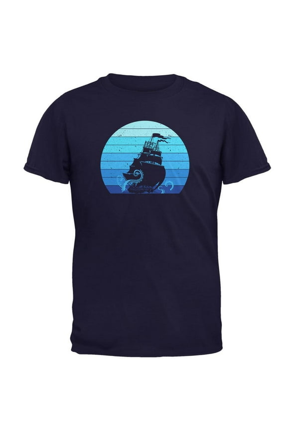 Marine Ocean Sail Boat Octopus Kraken Retro Sun Blue Mens T Shirt Navy MD