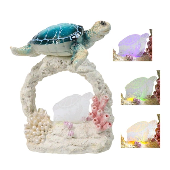 Marine Ocean Sea Turtle Swimming Over Coral Reef With Acrylic LED Light Figurine