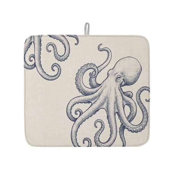 Marine Octopus Sea Monster Dish Drying Mats for Kitchen Counter,Absorbent Microfiber Dish Drainer Rack Mat Farmhouse Ocean Life on Linen Drying Pad for Sinks,Utensils,Countertops,16x18in