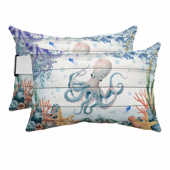 Marine Octopus Starfish Coral Seaweed Outdoor Pillow for Chaise Lounge Chair,Head Resting&nbsp;Pillow with Insert, Watercolor Ocean Life Waterproof Lumbar Pillows for Patio,11"x16" 2 Pack