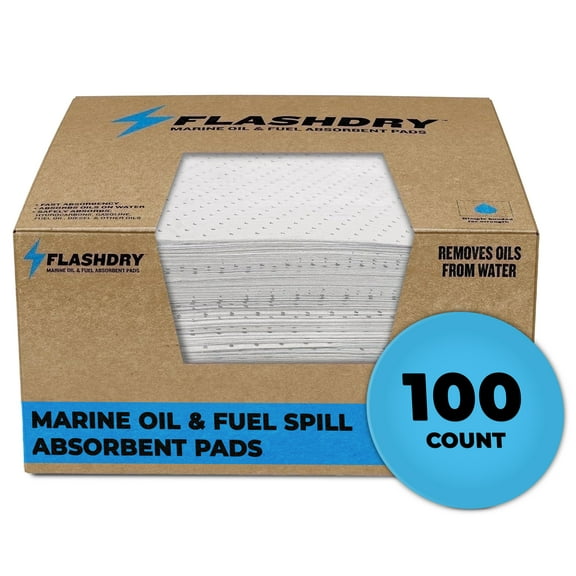 FlashDry Oil Absorbent Pads – 100-Pack, 17.5" x 13.5" – Polypropylene Sheets for Oil Spill Management in Garages, Driveways, and Automotive Settings - White