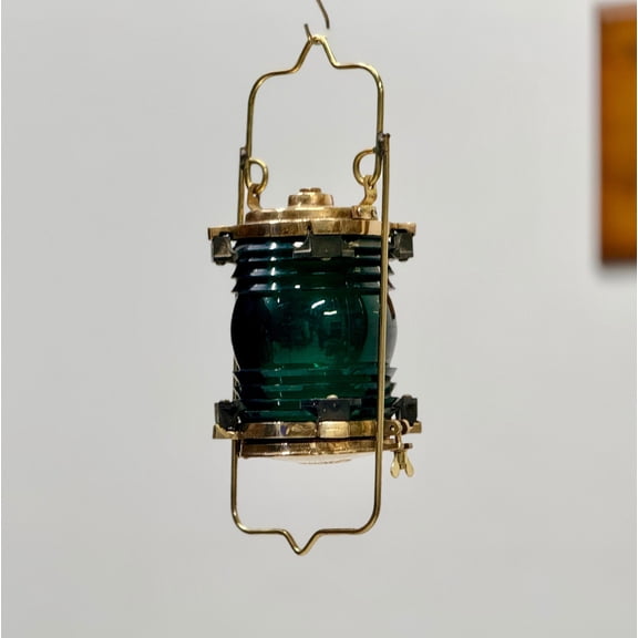 Marine Original PERKO, Ship Salvage Old Brass Reclaimed Maritime Industrial Hanging Nautical Electric Lamp - Dark Green Glass
