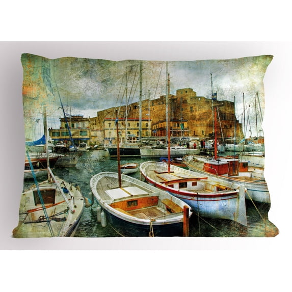 Marine Pillow Sham Naples Small Boats at Historical Italian Coast with Heritage Castle Nautical Artwork, Decorative Standard Queen Size Printed Pillowcase, 30 X 20 Inches, Multicolor, by Ambesonne