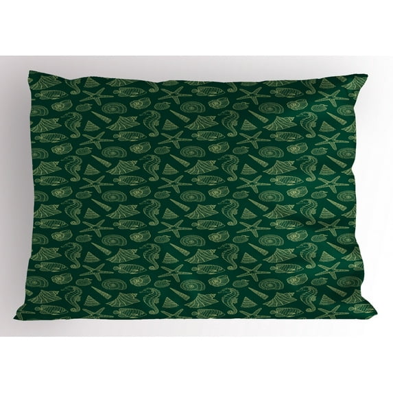 Marine Pillow Sham Ocean Inhabitants Theme Exotic Fish Seahorse Seashells Starfish Pattern, Decorative Standard Queen Size Printed Pillowcase, 30 X 20 Inches, Hunter Green and Cream, by Ambesonne
