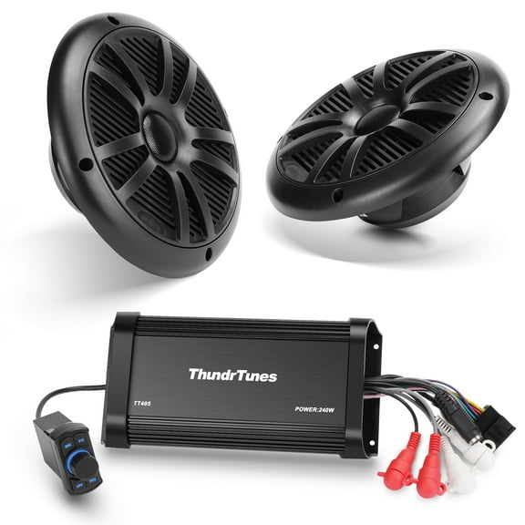 Marine Powersport Bluetooth Amplifier Audio System with 2pcs Black Speakers, Class D 60W x 4 CH, Switch Mount, Suitable for Motorcycle, UTV, ATV, Boat